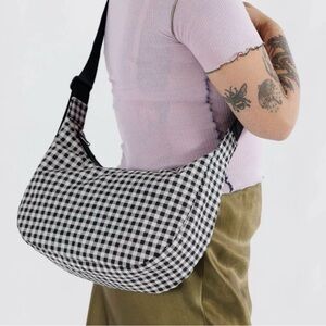 Baggu Medium Nylon Crescent Bag Black and White Pixel